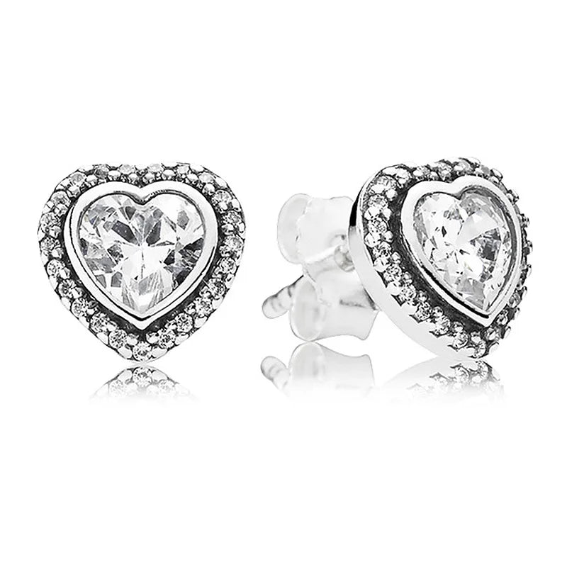 925 Silver Earring Sparkling Rose Love Heart Red Crystal Stud For Women