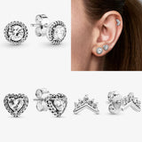 925 Silver Crown Love Heart Stud Earrings