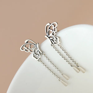 925 Silver Butterfly Tassel Earrings Antique Lady Jewelry Gift