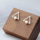 925 Silver Earstuds Freshwater Pearl Handwork Triangle Women Earring