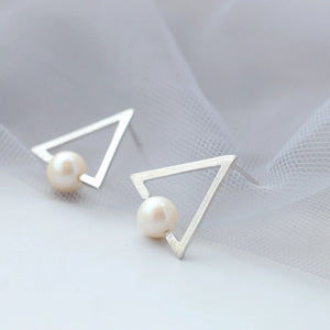 925 Silver Earstuds Freshwater Pearl Handwork Triangle Women Earring