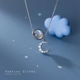 925 Silver Moonstone &Moon CZ Necklace C-D7201