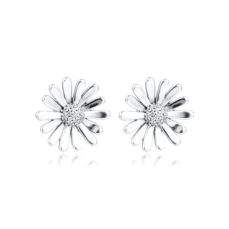 925 Silver Flower Stud Earrings Clear CZ Brincos