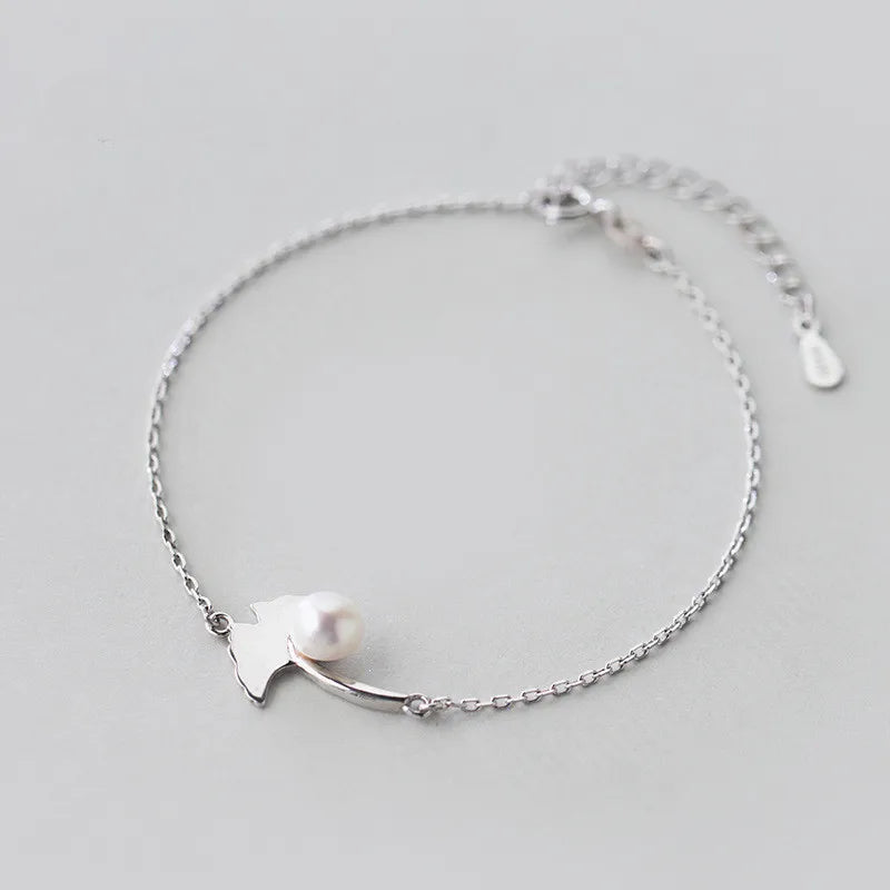 925 Silver Ginkgo Leaves Pearl Bracelet Women Fine Jewelry Gift