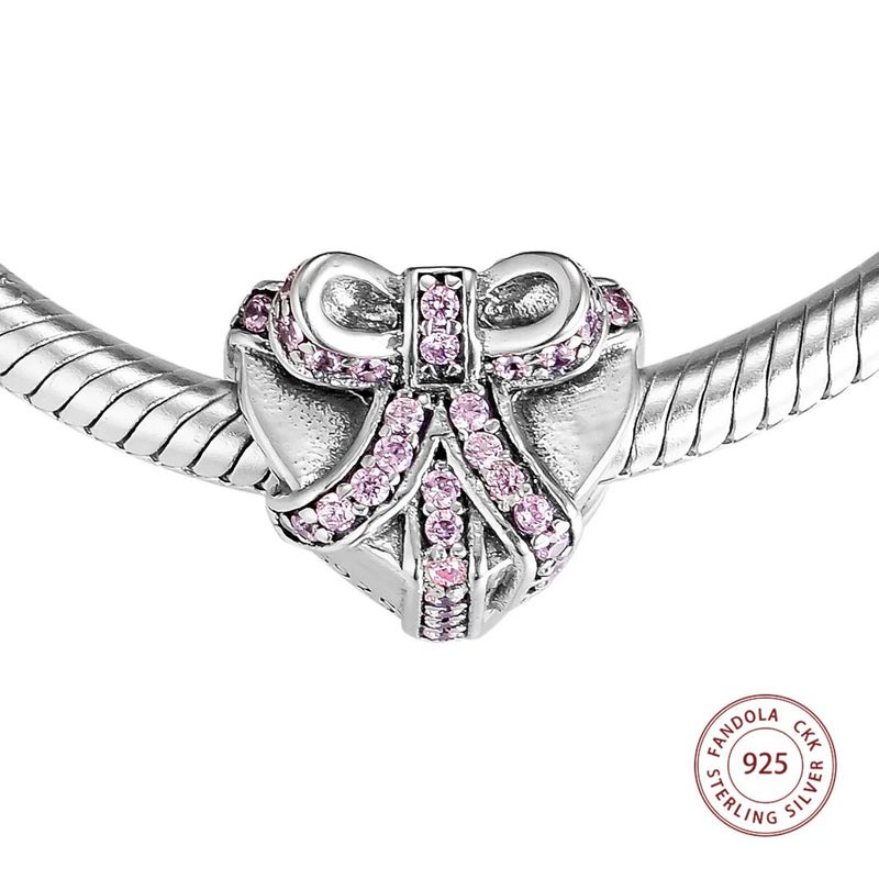 925 Silver Heart Present Charms Pink CZ Beads Jewelry Making Fits Bracelet