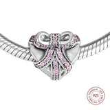 925 Silver Heart Present Charms Pink CZ Beads Jewelry Making Fits Bracelet