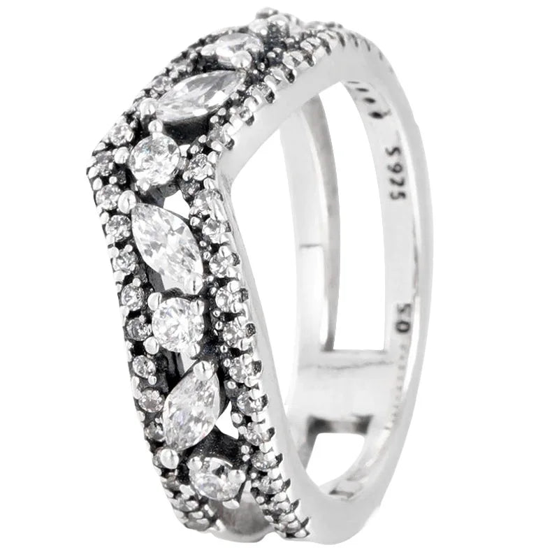 925 Silver Hidden Romance Double Heart Eternity Wishbone Ring