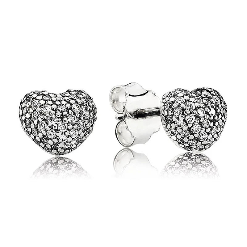 925 Silver Pave Heart Stud Earrings Women Gift DIY Jewelry