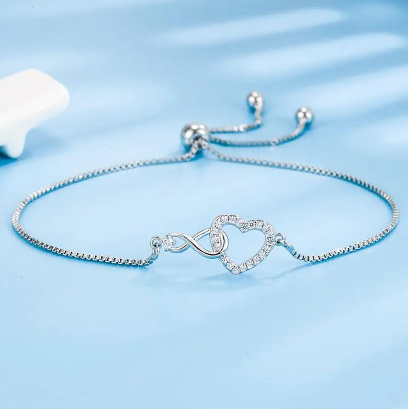 925 Silver Infinity Love Chain Zircon Heart Bracelet Women Jewelry