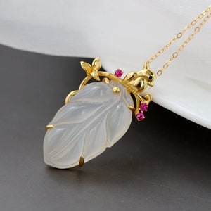 925 Silver Inlaid Chalcedony Tree Leaf Pendant