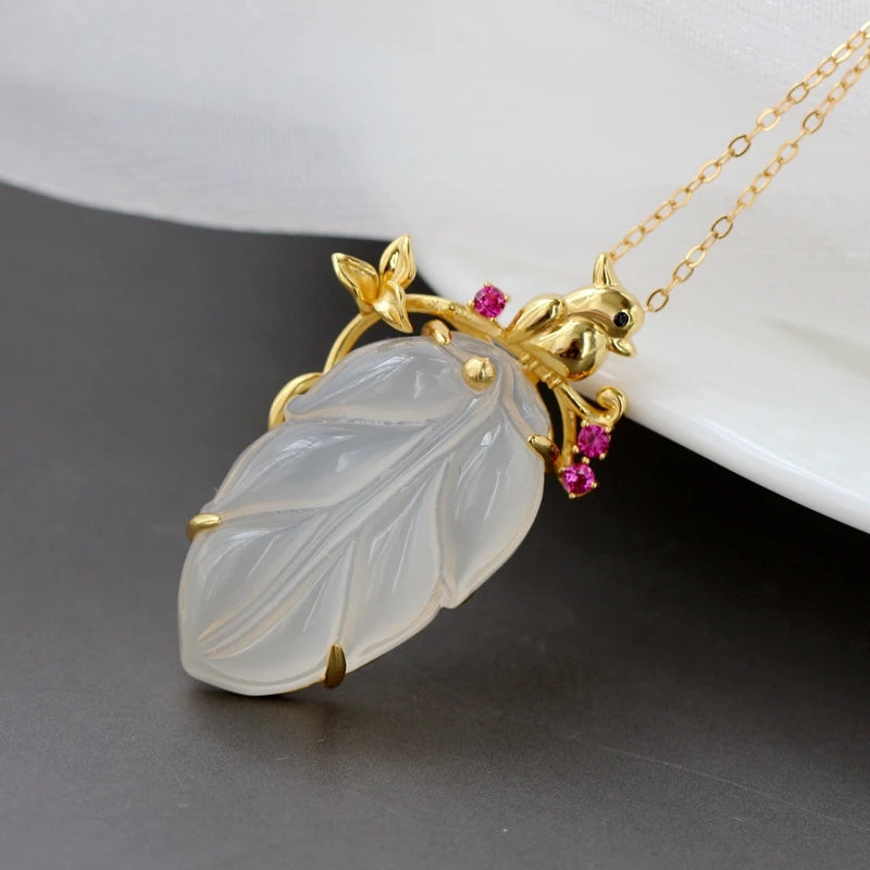 925 Silver Inlaid Chalcedony Tree Leaf Pendant