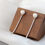 925 Silver Rhinestone Freshwater Pearl Long Earrings Wedding Jewelry