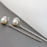 925 Silver Rhinestone Freshwater Pearl Long Earrings Wedding Jewelry