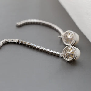 925 Silver Rhinestone Freshwater Pearl Long Earrings Wedding Jewelry