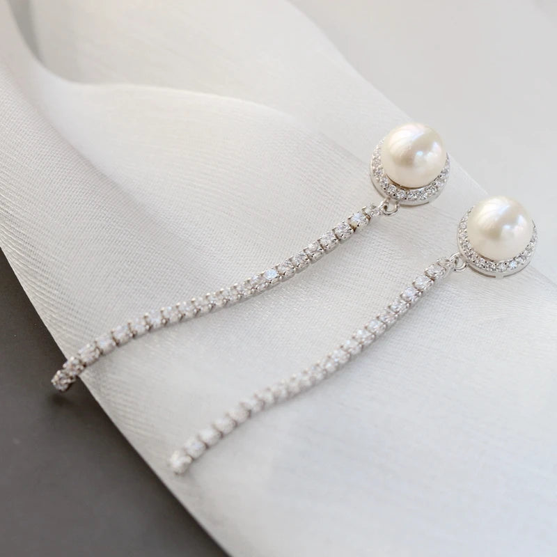 925 Silver Rhinestone Freshwater Pearl Long Earrings Wedding Jewelry