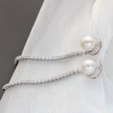 925 Silver Rhinestone Freshwater Pearl Long Earrings Wedding Jewelry