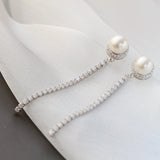 925 Silver Rhinestone Freshwater Pearl Long Earrings Wedding Jewelry