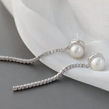 925 Silver Rhinestone Freshwater Pearl Long Earrings Wedding Jewelry