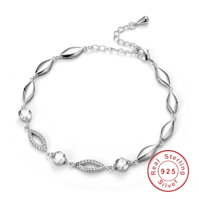 925 Silver Austrian Crystal Heart Charm Bracelet Women Bangle