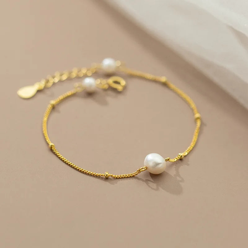 925 Silver Beads Station Baroque Pearl Chain Bracelet Gift