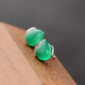 925 Silver Lady Retro Charm Earring Green Agate Inlay Jewelry Gift