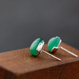 925 Silver Lady Retro Charm Earring Green Agate Inlay Jewelry Gift