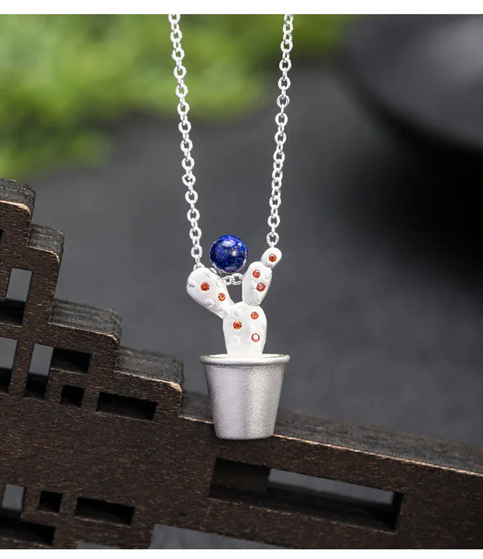 925 Silver Lapis Lazuli Cactus Pendant Necklace Chinese Style XL024