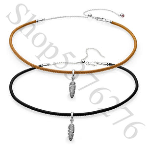 925 Silver Feather Pendant Choker Necklace Women Bead Charm Gift DIY Jewelry
