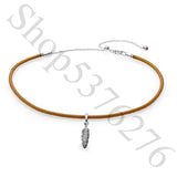 925 Silver Feather Pendant Choker Necklace Women Bead Charm Gift