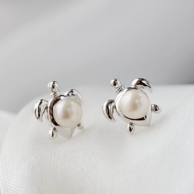 925 Silver Turtle Lady Earrings Pearl Inlay Jewelry