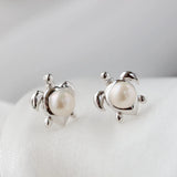 925 Silver Turtle Lady Earrings Pearl Inlay Jewelry