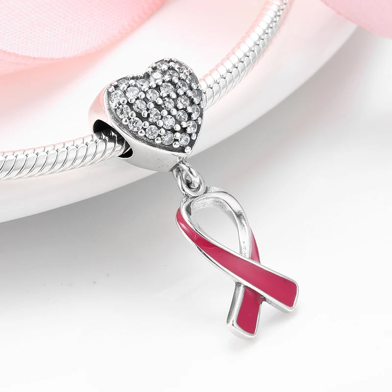 925 Silver Love Life Peace Red Ribbon Sign Beads DIY Bracelet Bangles