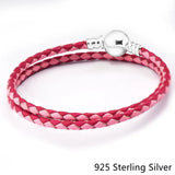 925 Silver Mixed Pink Double-Leather Charm Bracelet DIY Women Jewelry