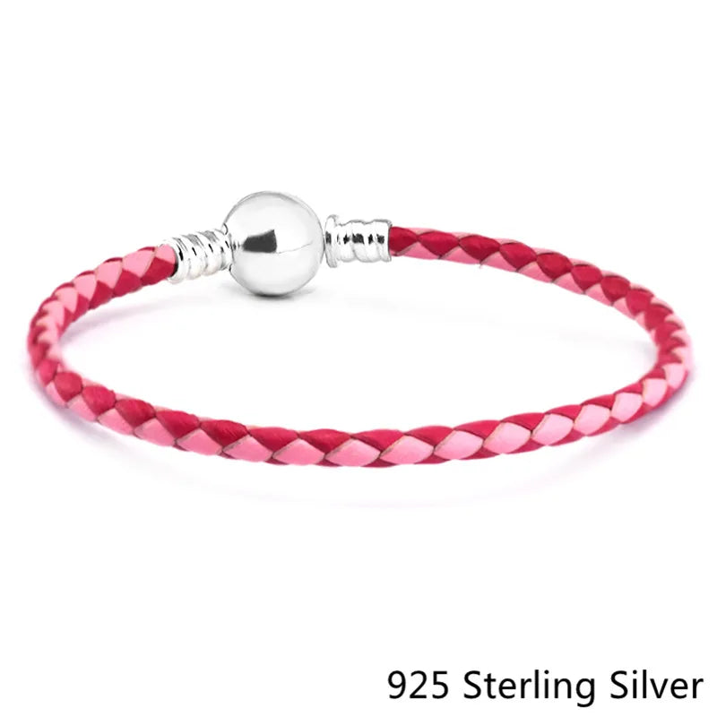 925 Silver Mixed Pink Double-Leather Charm Bracelet DIY Women Jewelry