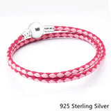 925 Silver Mixed Pink Double-Leather Charm Bracelet DIY Women Jewelry