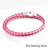 925 Silver Mixed Pink Double-Leather Charm Bracelet DIY Women Jewelry