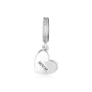 925 Sterling Silver Mom Heart Dangle Charms Beads for DIY Jewelry Making
