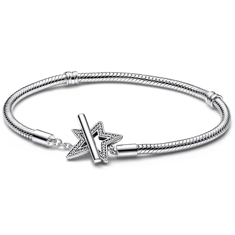 925 Silver Asymmetric Star T-bar Snake Chain Bracelet Bangle