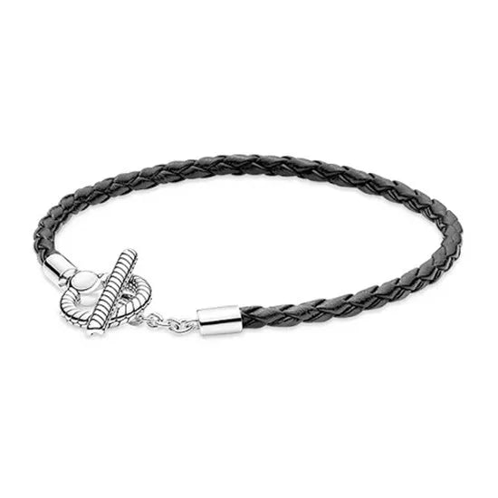 925 Sterling Silver Braided Leather T-bar Bracelet Bangle