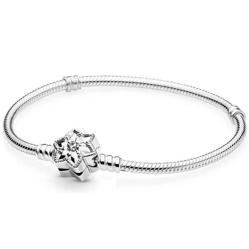 925 Silver Snowflake Crystal Mesh Bracelet Bangle for Bead Charm DIY