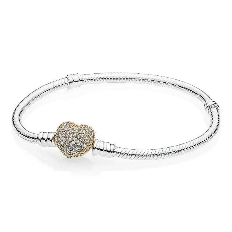 925 Silver Heart Clasp Crystal Bracelet Bangle for Charm DIY Jewelry