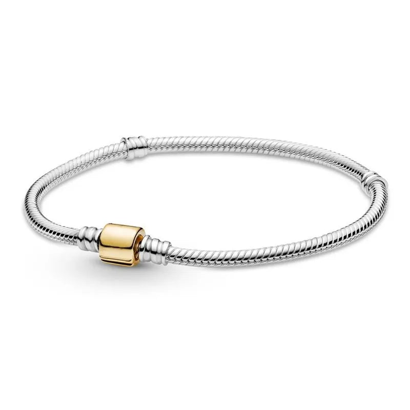 925 Silver Two-tone Barrel Clasp Snake Chain Bracelet