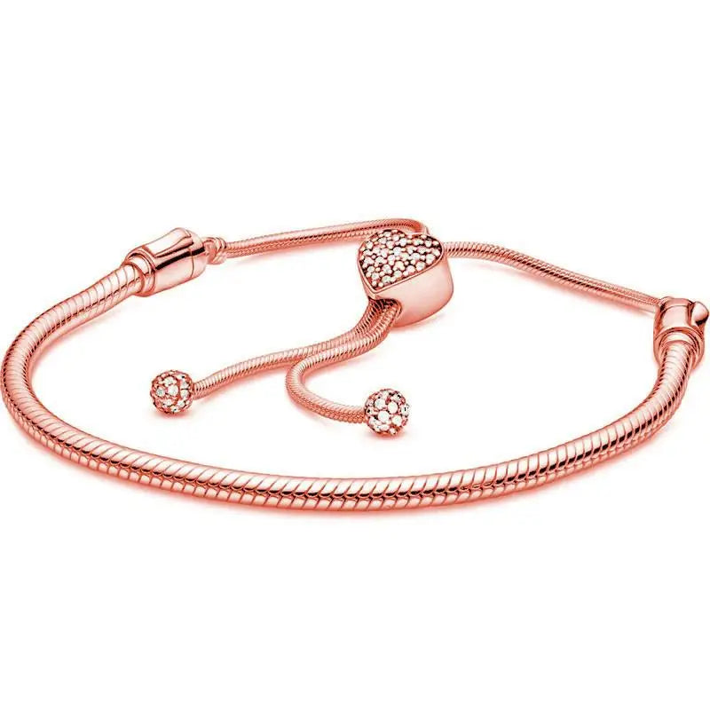 925 Sterling Silver Heart Clasp Snake Chain Slider Bracelet Bangle