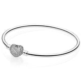 925 Sterling Silver Heart Clasp Crystal Bracelet Bangle