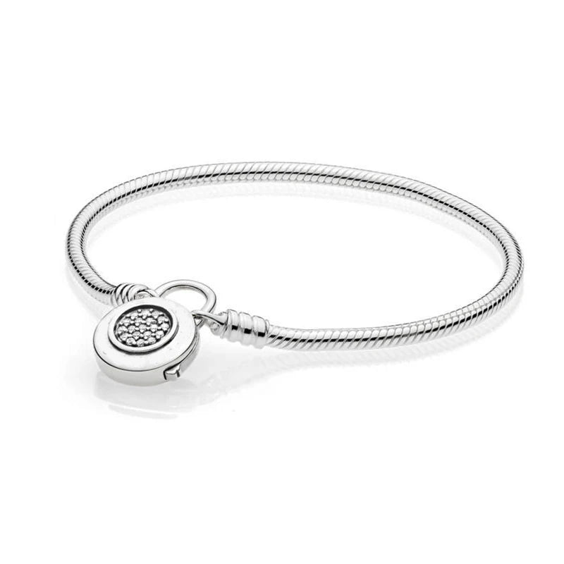 925 Sterling Silver Snake Chain Bracelet with Pave Padlock Clasp