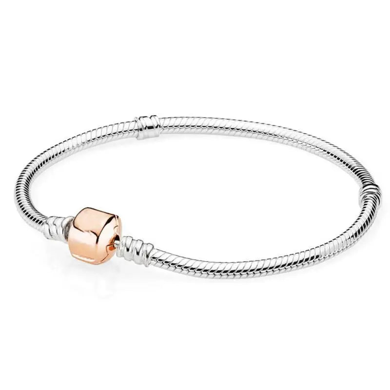 925 Sterling Silver Rose Barrel Clasp Basic Snake Chain Bracelet