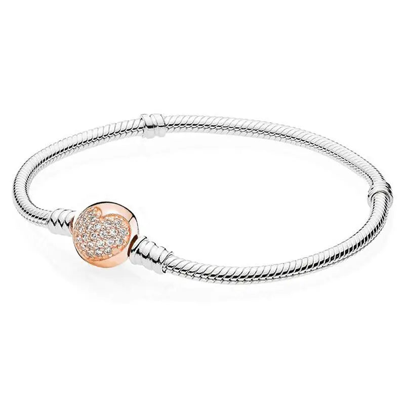 925 Silver Rose Crystal Love Heart Clasp Bracelet Bangle