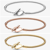 925 Sterling Silver Heart T-bar Snake Chain Bracelet Bangle