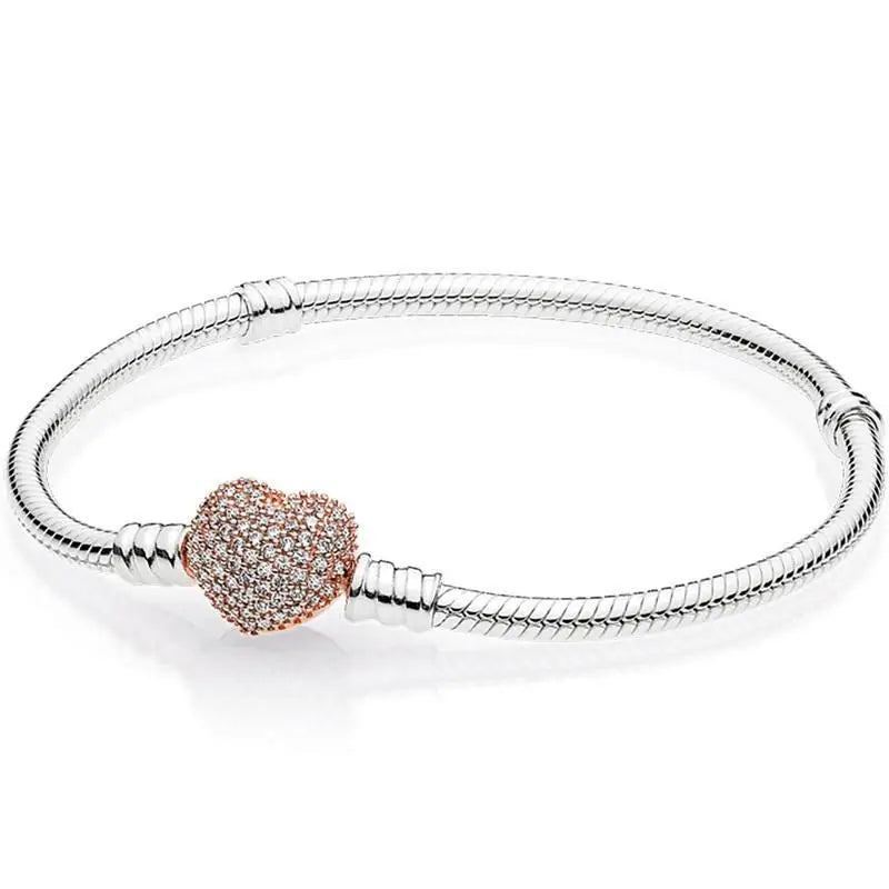 925 Sterling Silver Rose Heart Crystal Bracelet Bangle