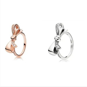 925 Silver Pan Ring Brilliant Bow Crystal Women's Wedding Party Gift